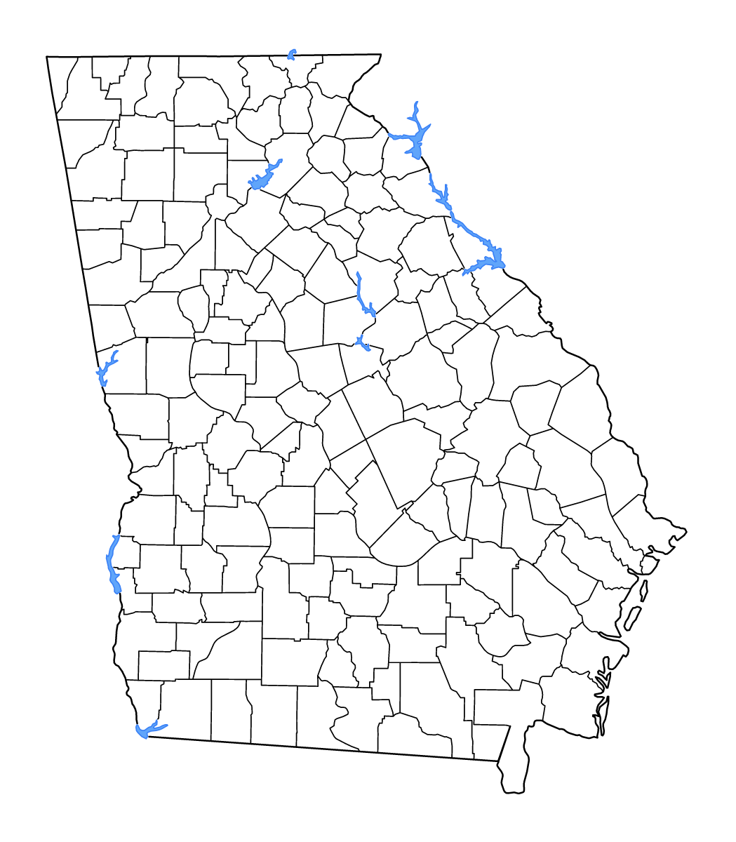 Carte de contour de Georgia, United States avec limites administratives internes, lacs et rivières.