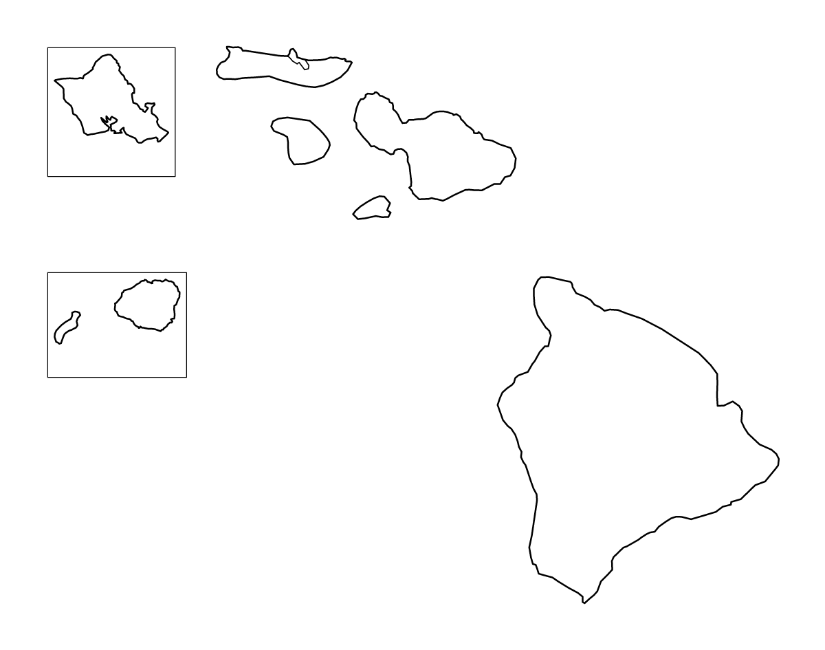 Outline map of Hawaii, United States with internal administrative boundaries.