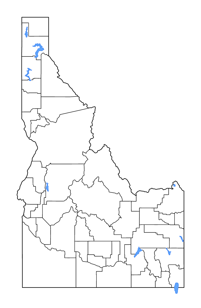 Outline map of Idaho, United States with internal administrative boundaries, lakes, and rivers.