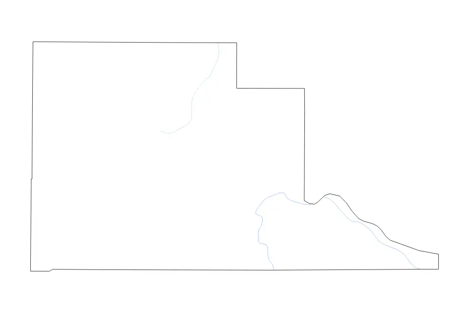 Outline map of Jefferson County, Idaho with subdivision borders and rivers.