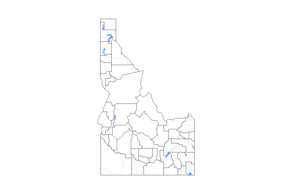 Outline map of Idaho, United States with subdivision borders and major lakes and rivers.