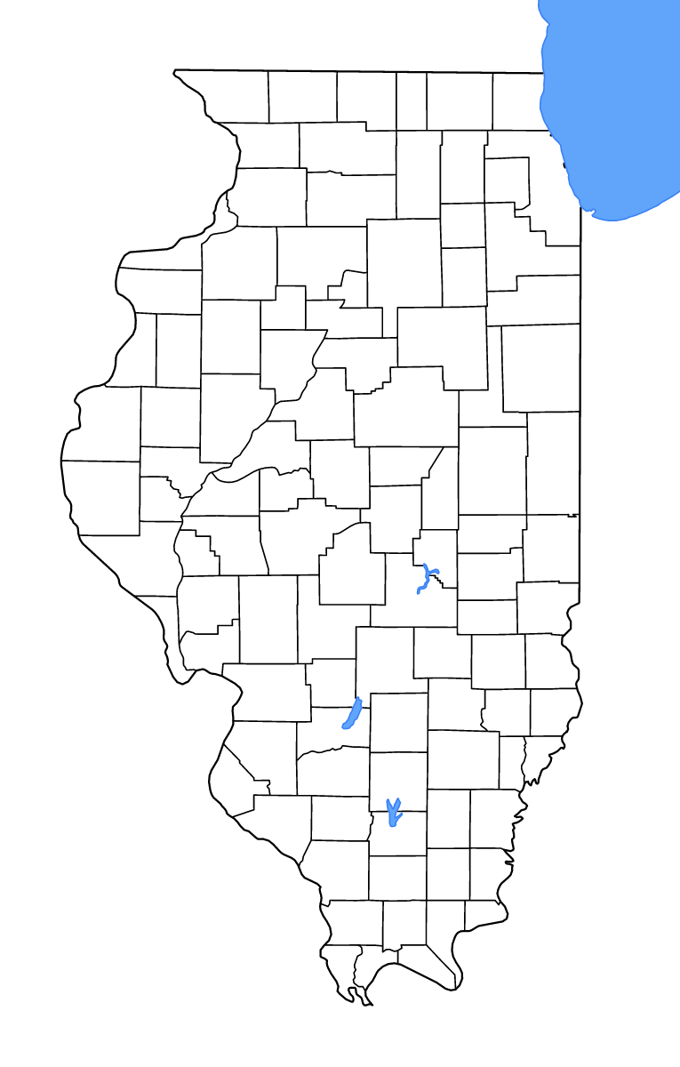 Outline map of Illinois, United States with internal administrative boundaries, lakes, and rivers.
