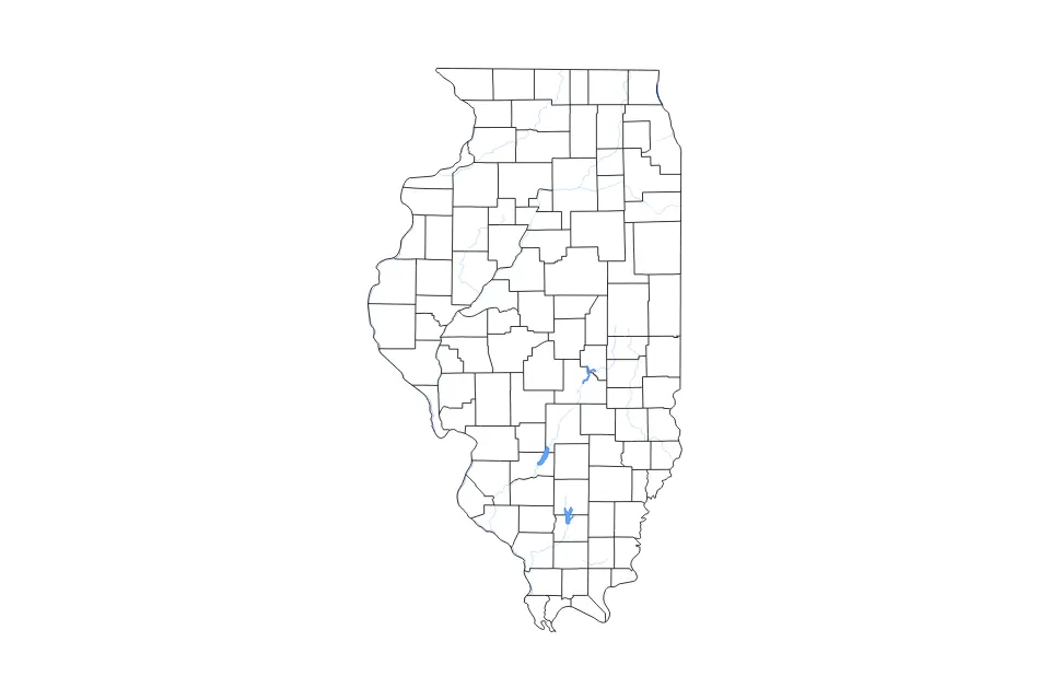 Outline map of Illinois, United States with subdivision borders and major lakes and rivers.