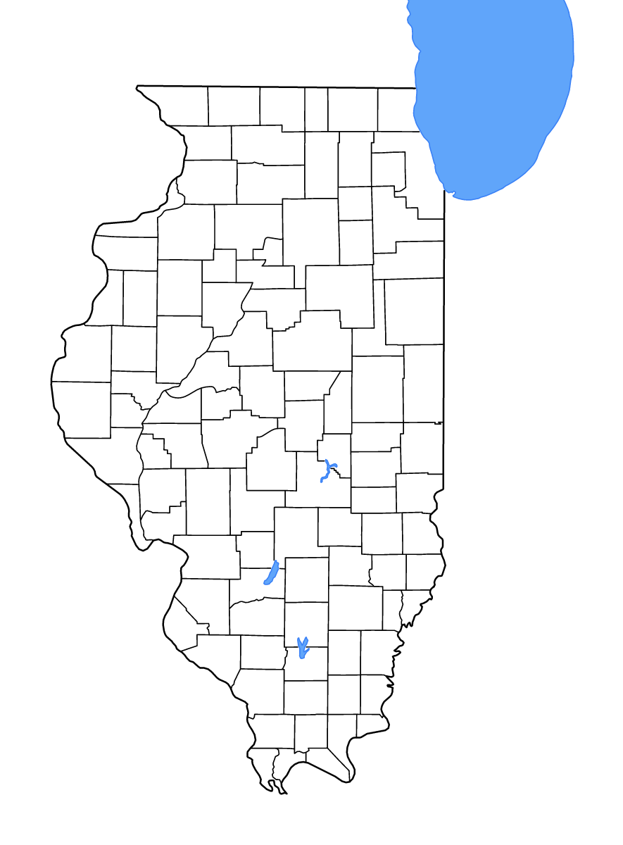 Mapa de contorno de Illinois, United States con límites administrativos internos, lagos y ríos.