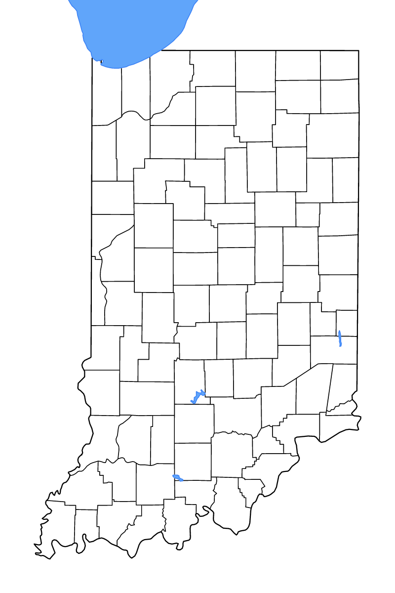 Outline map of Indiana, United States with internal administrative boundaries, lakes, and rivers.