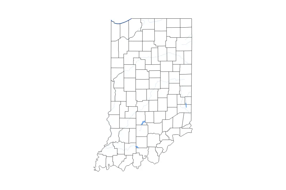 Outline map of Indiana, United States with subdivision borders and major lakes and rivers.
