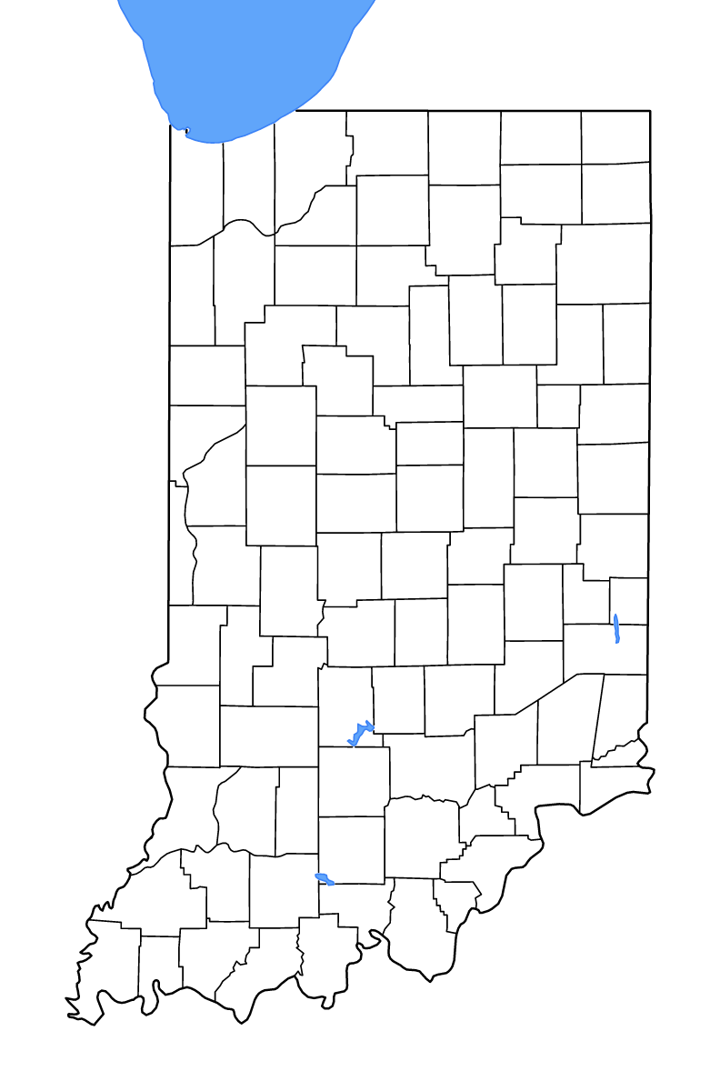 Mapa de contorno de Indiana, United States con límites administrativos internos, lagos y ríos.