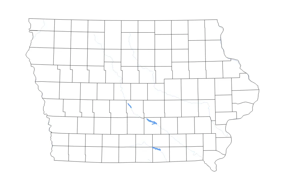 Outline map of Iowa, United States with subdivision borders and major lakes and rivers.
