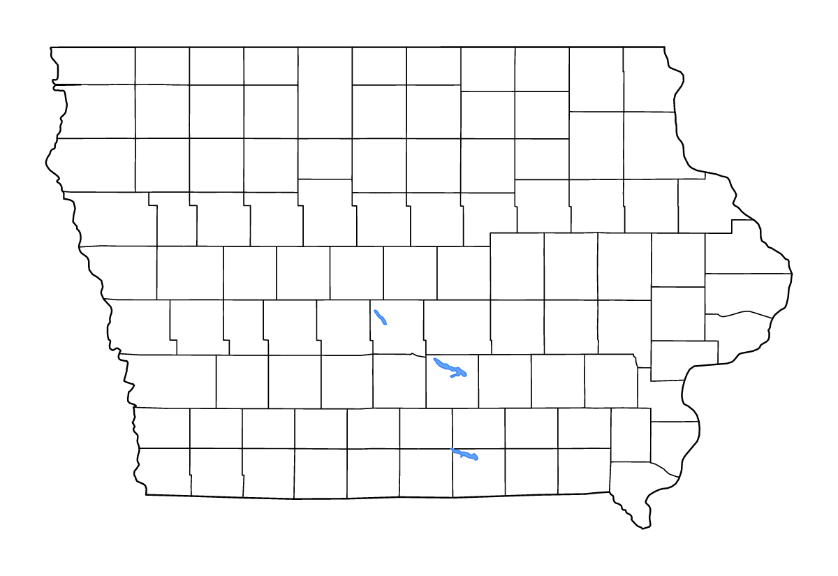 Mapa de contorno de Iowa, United States con límites administrativos internos, lagos y ríos.