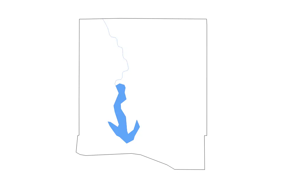 Outline map of Jefferson County, Kansas with subdivision borders and major lakes and rivers.