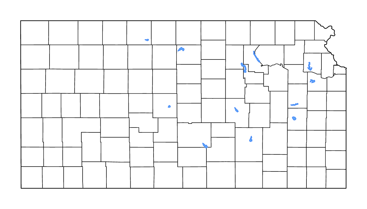Carte de contour de Kansas, United States avec limites administratives internes, lacs et rivières.