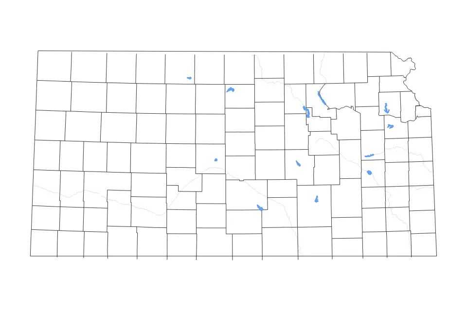 Outline map of Kansas, United States with subdivision borders and major lakes and rivers.