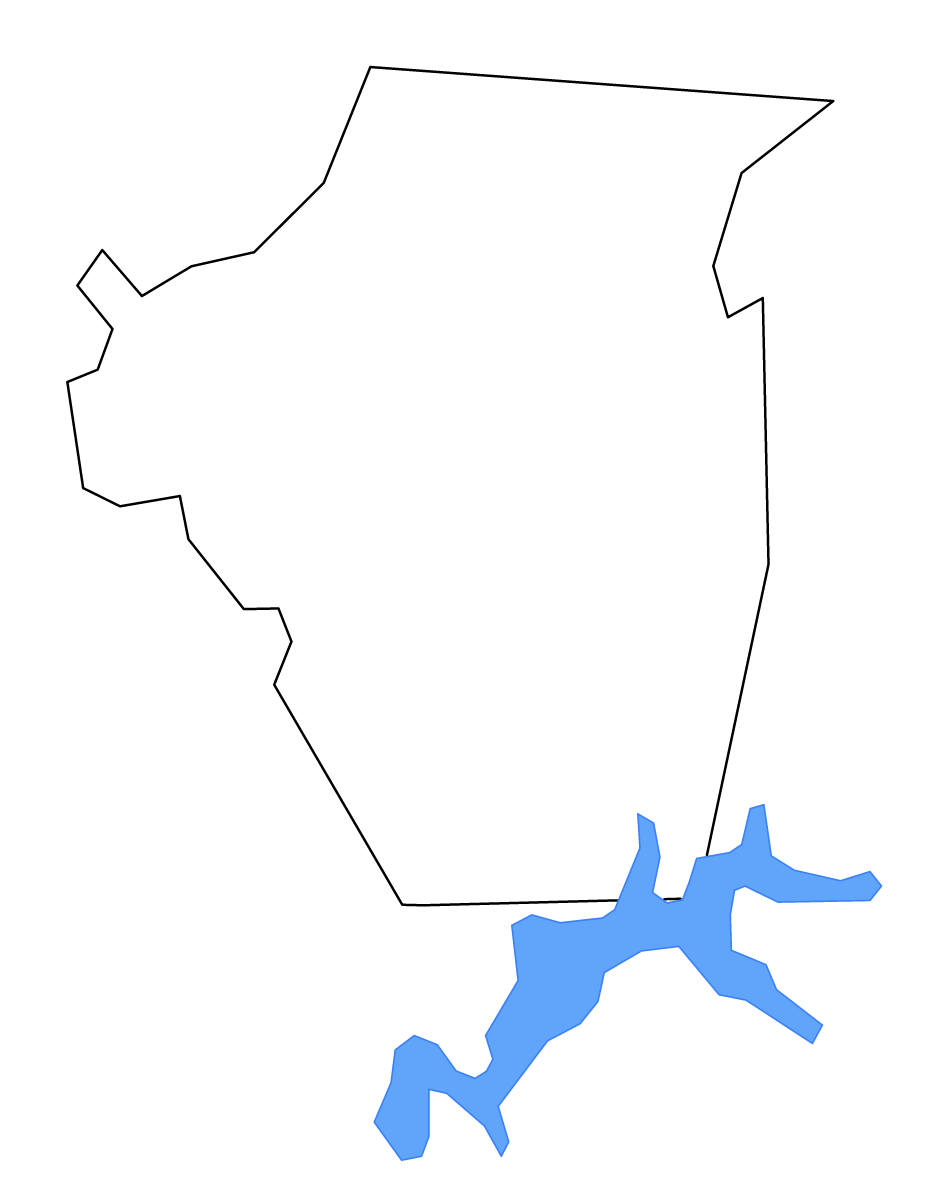 Mapa de contorno de Cumberland, Kentucky con lagos y ríos.