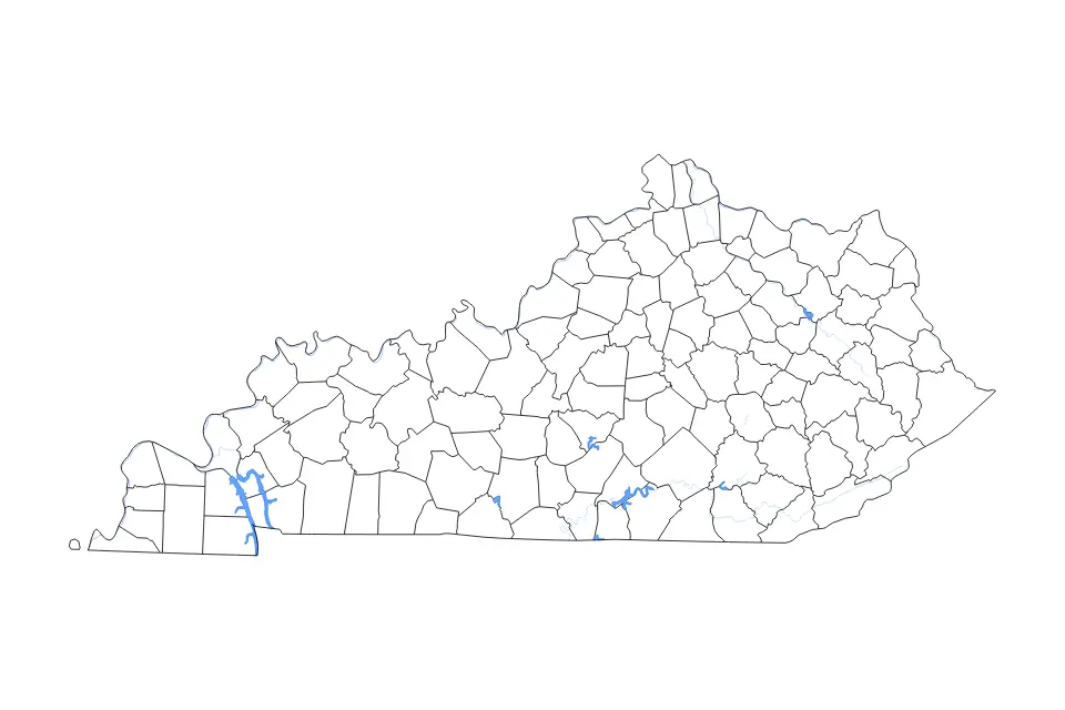 Outline map of Kentucky, United States with subdivision borders and major lakes and rivers.