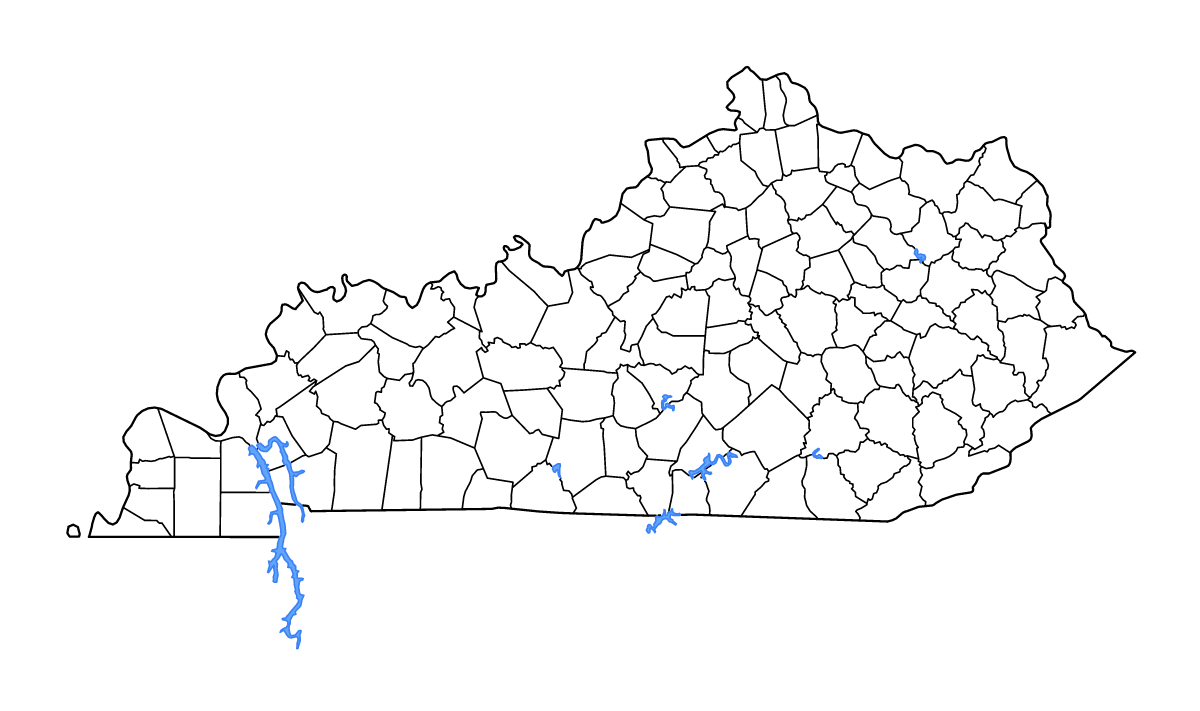 Outline map of Kentucky, United States with internal administrative boundaries, lakes, and rivers.