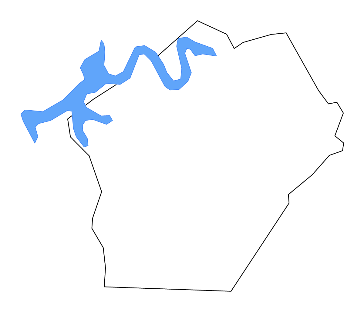 Mapa de contorno de Wayne, Kentucky con lagos y ríos.