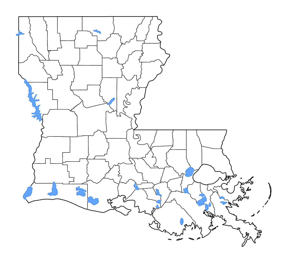 Carte de contour de Louisiana, United States avec limites administratives internes, lacs et rivières.