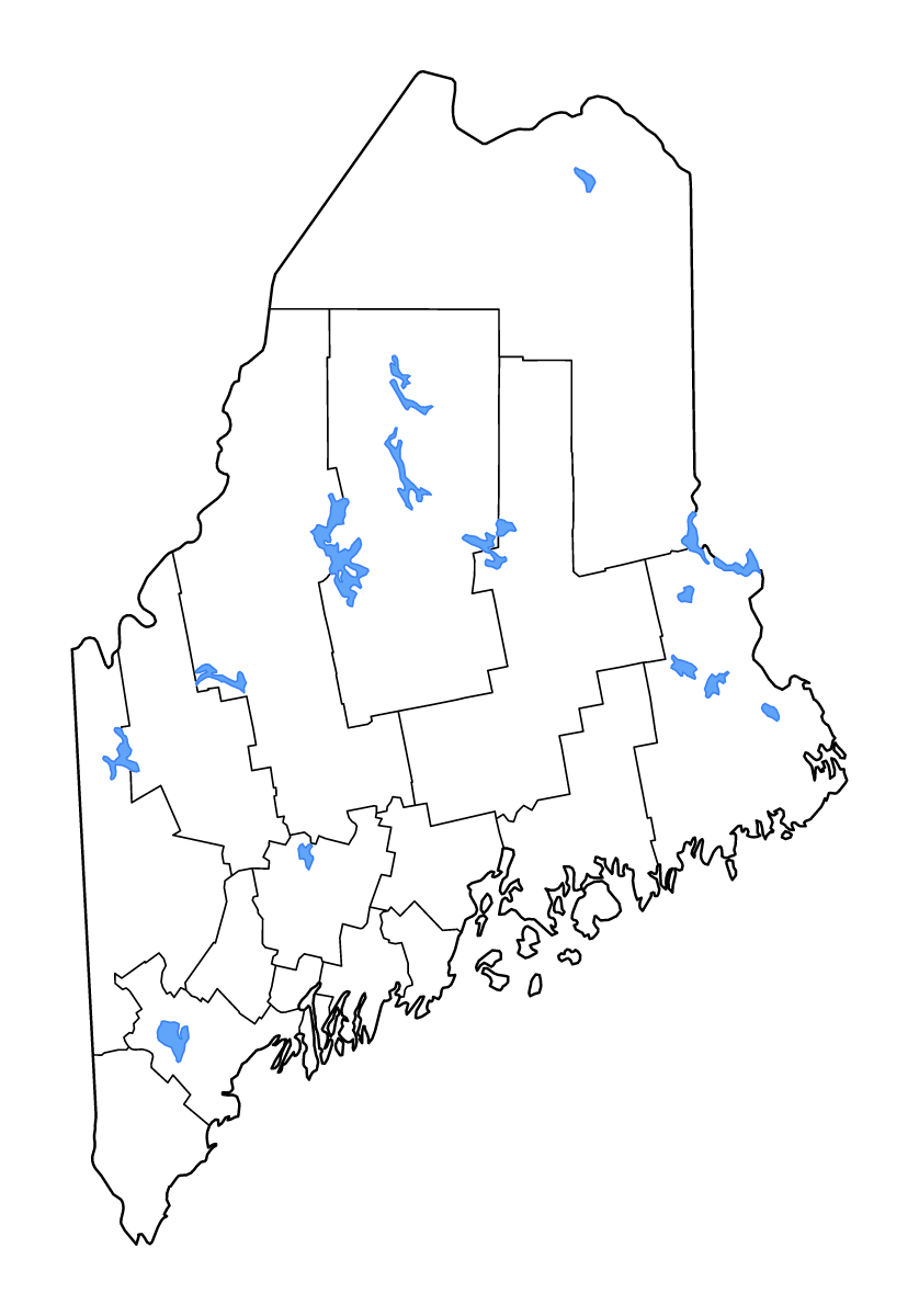 Carte de contour de Maine, United States avec limites administratives internes, lacs et rivières.