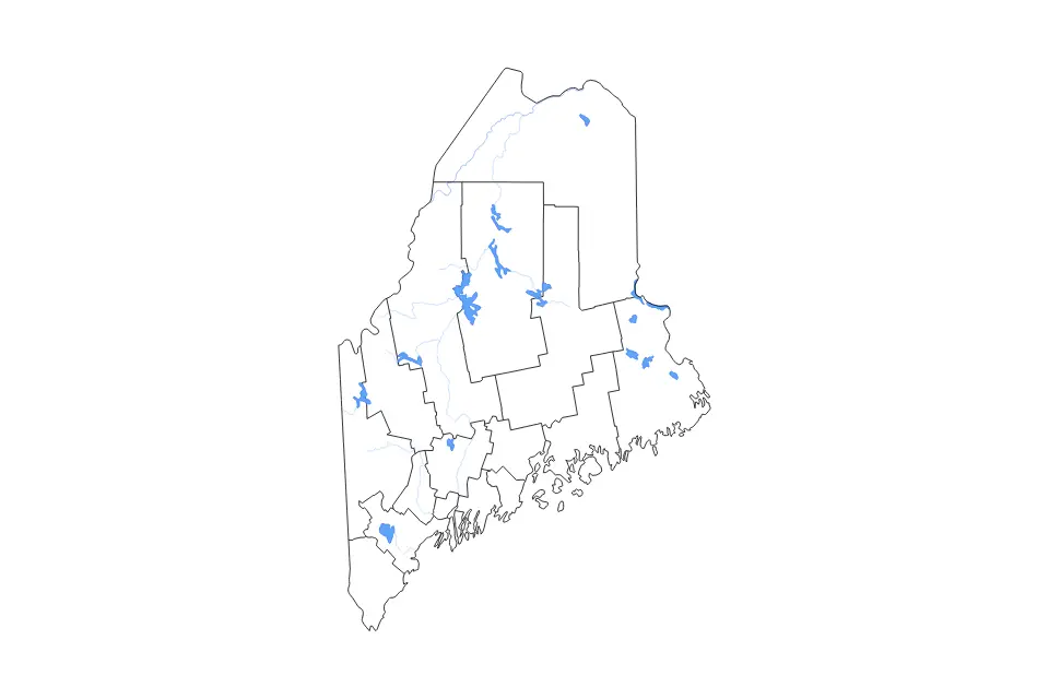 Outline map of Maine, United States with subdivision borders and major lakes and rivers.