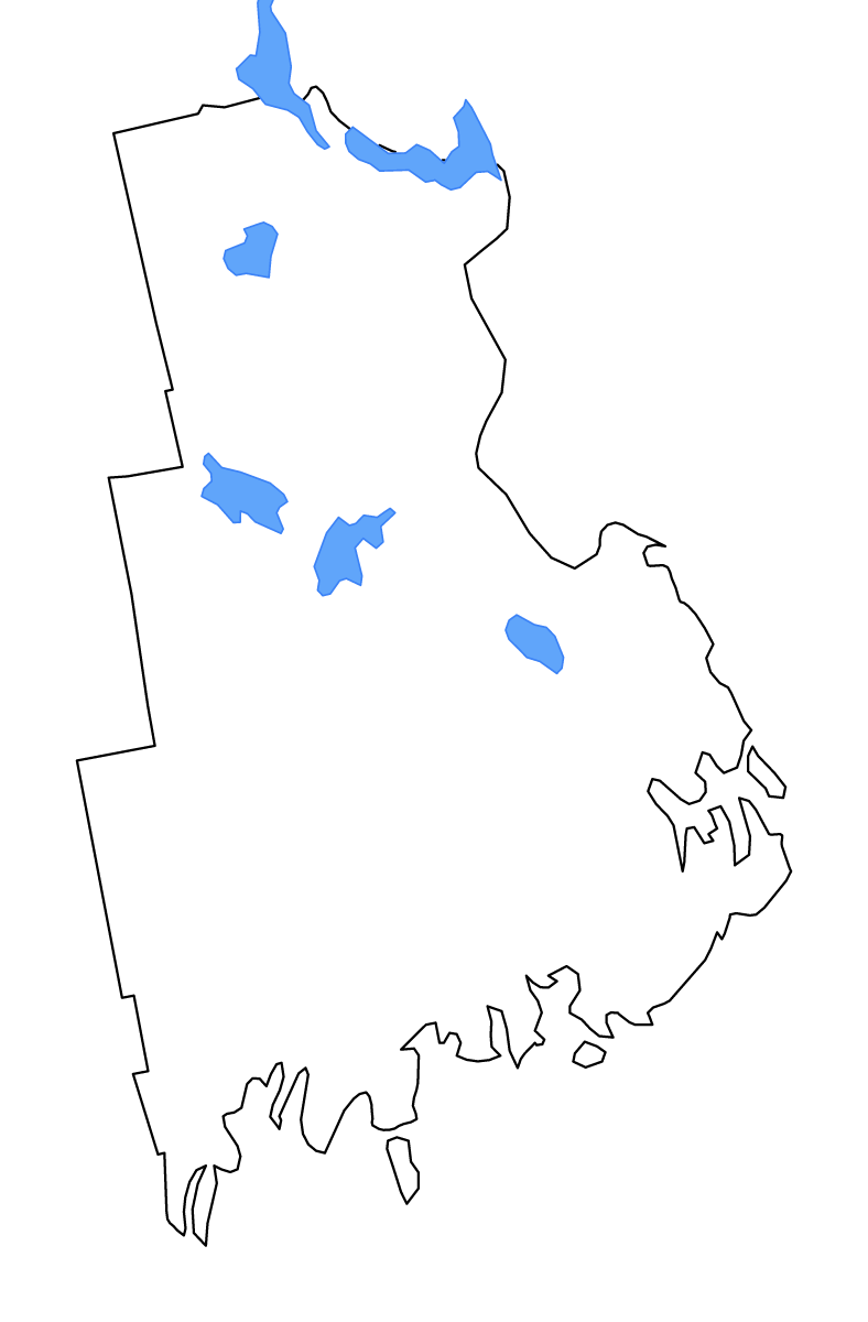 Mapa de contorno de Washington, Maine con lagos y ríos.
