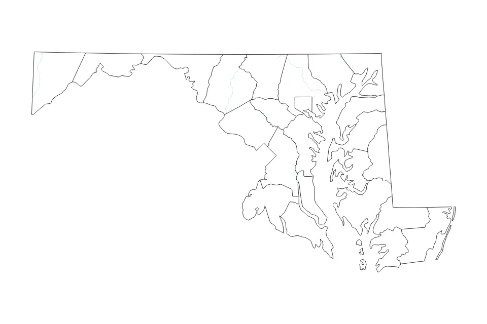Outline map of Maryland, United States with subdivision borders and rivers.