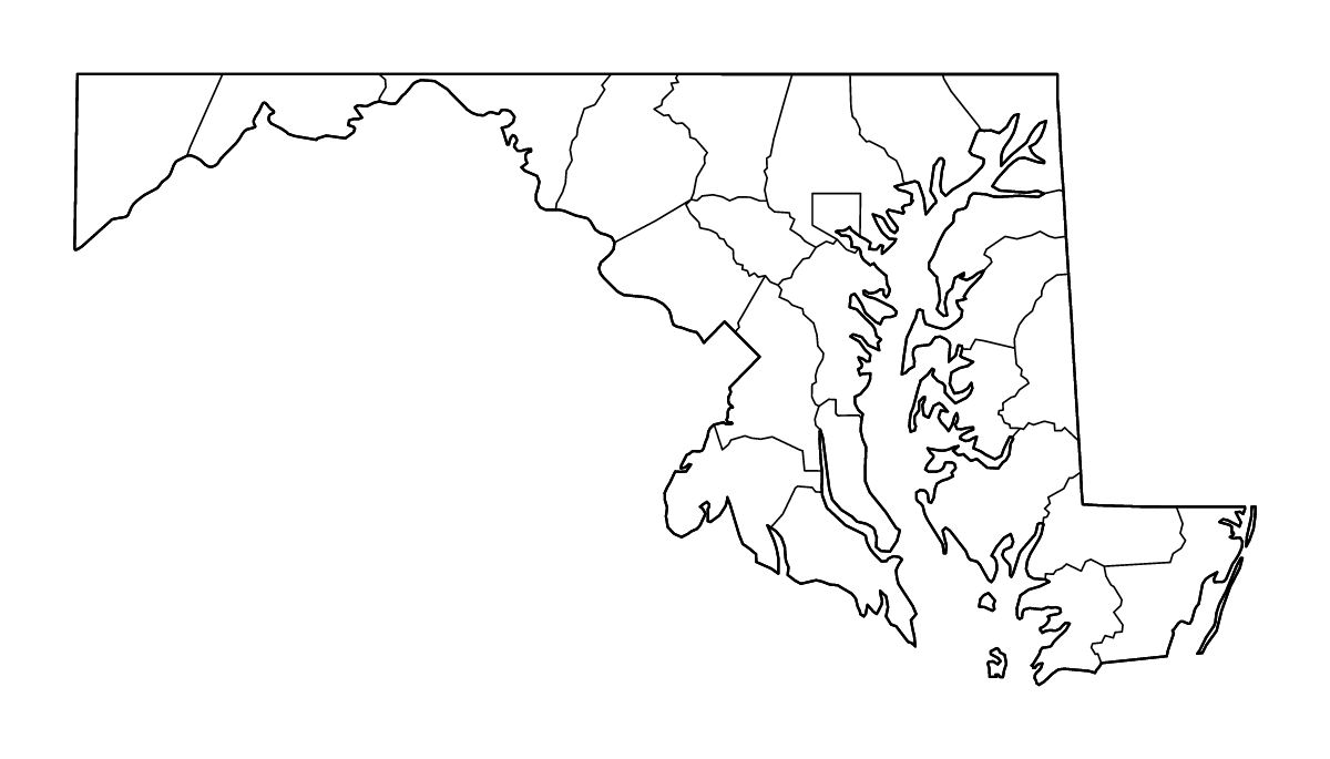 Mapa de contorno de Maryland, United States con límites administrativos internos y ríos.