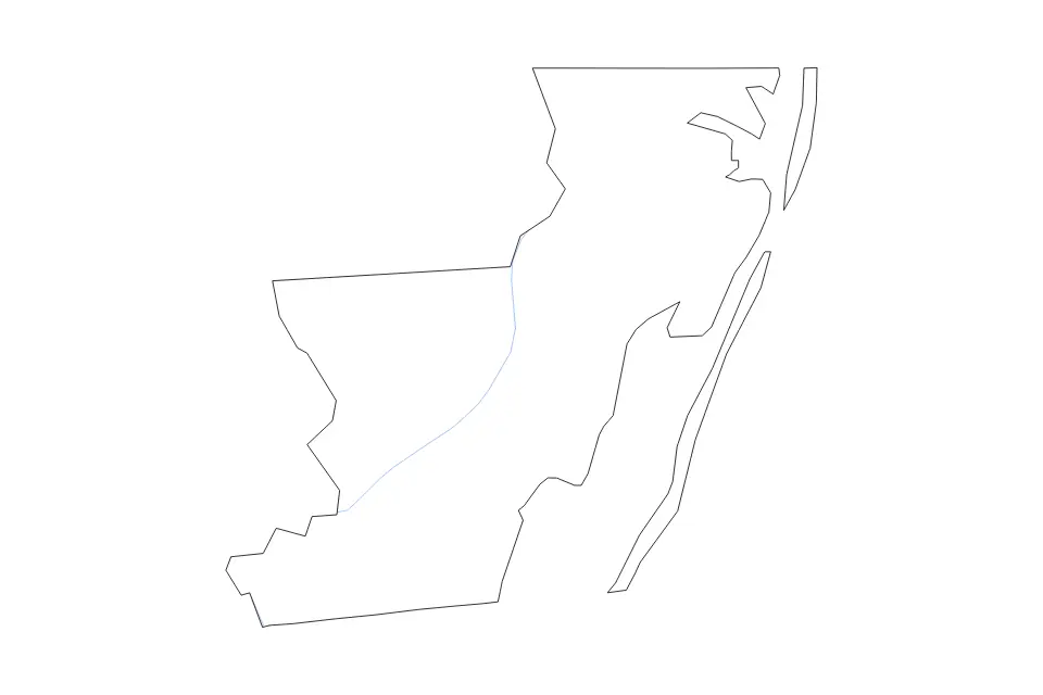 Outline map of Worcester County, Maryland with subdivision borders and rivers.