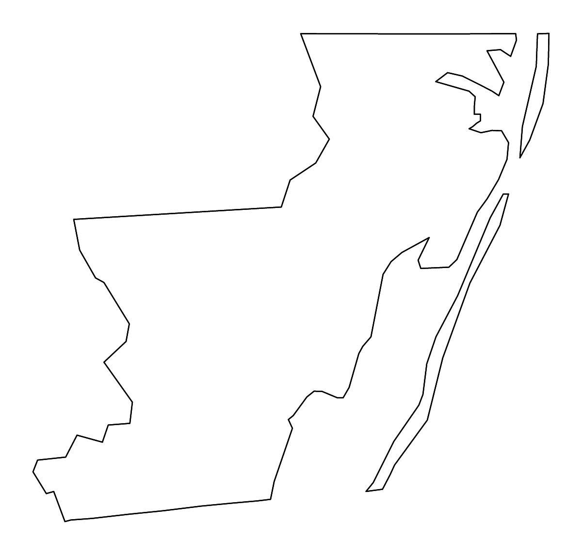 Mapa de contorno de Worcester, Maryland con ríos.