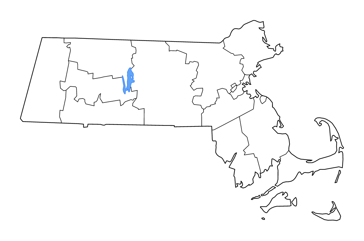 Carte de contour de Massachusetts, United States avec limites administratives internes, lacs et rivières.