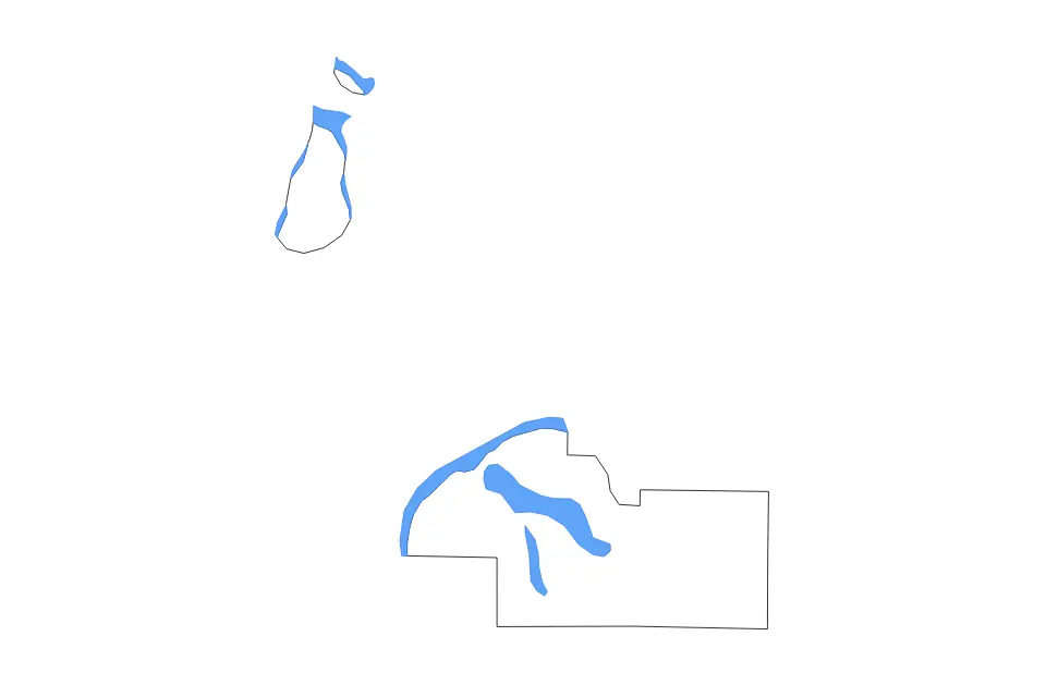 Outline map of Charlevoix County, Michigan with subdivision borders and major lakes.