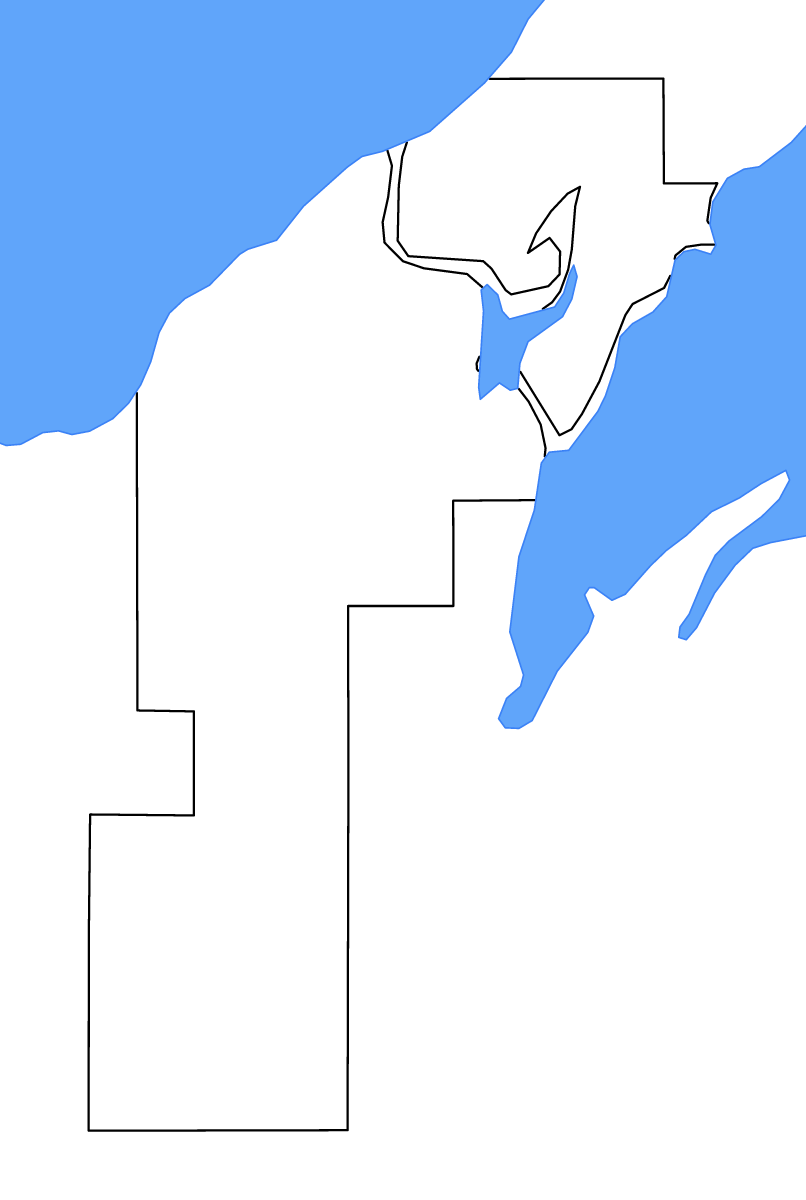 Mapa de contorno de Houghton, Michigan con lagos y ríos.