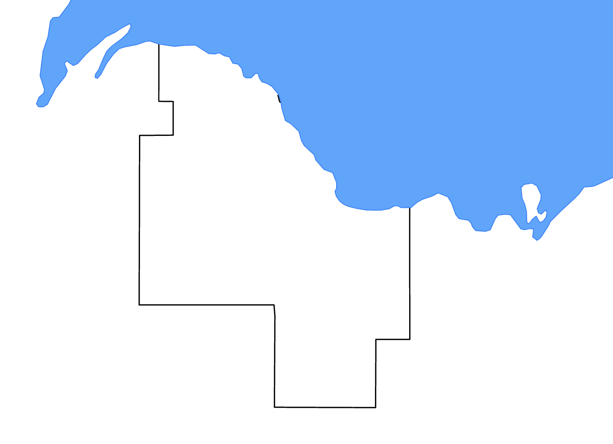 Mapa de contorno de Marquette, Michigan con lagos y ríos.
