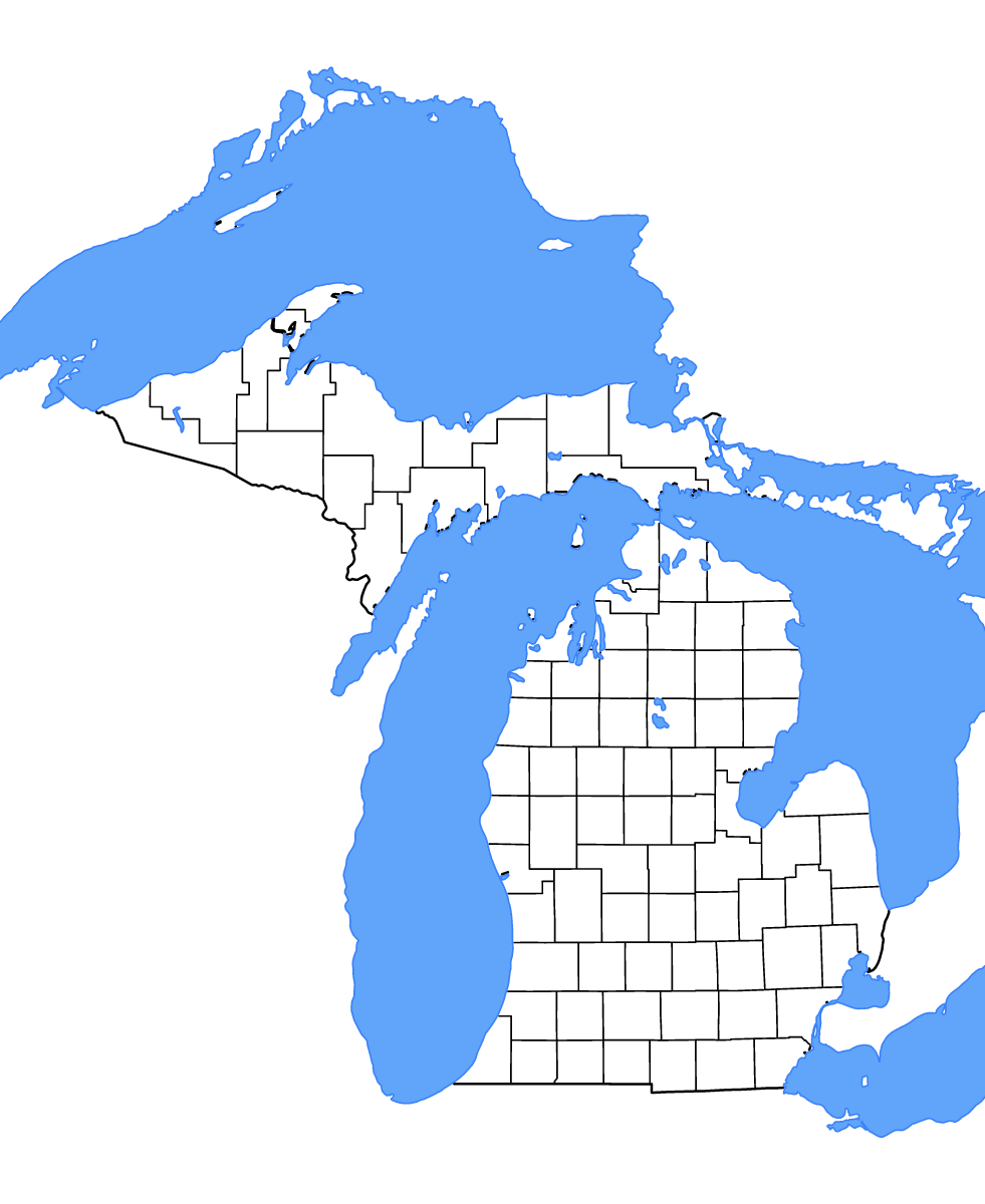 Carte de contour de Michigan, United States avec limites administratives internes, lacs et rivières.