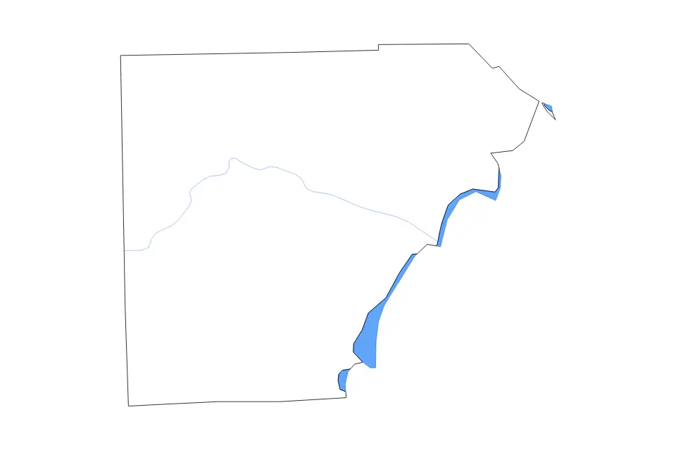 Outline map of Monroe County, Michigan with subdivision borders and major lakes and rivers.