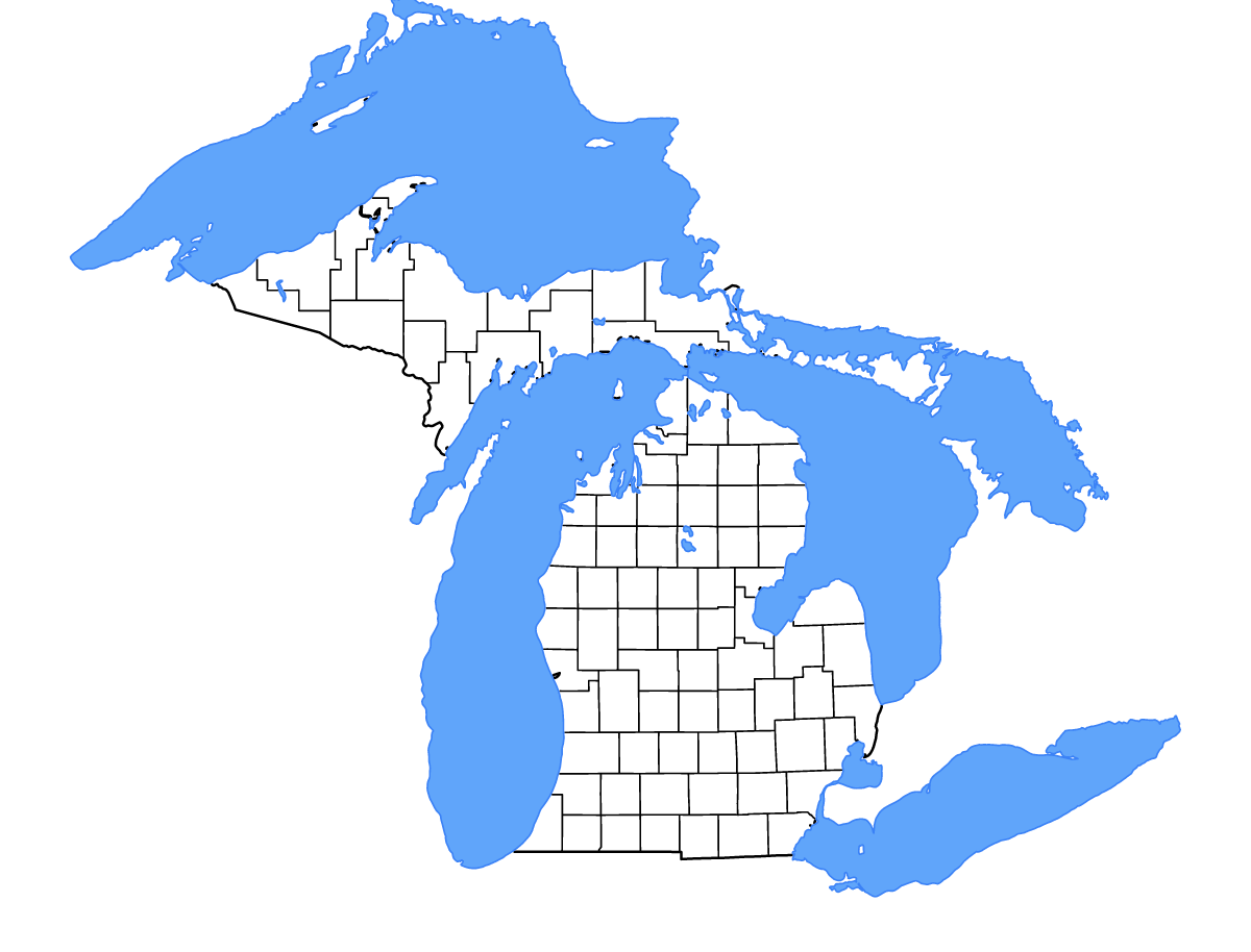 Outline map of Michigan, United States with internal administrative boundaries, lakes, and rivers.
