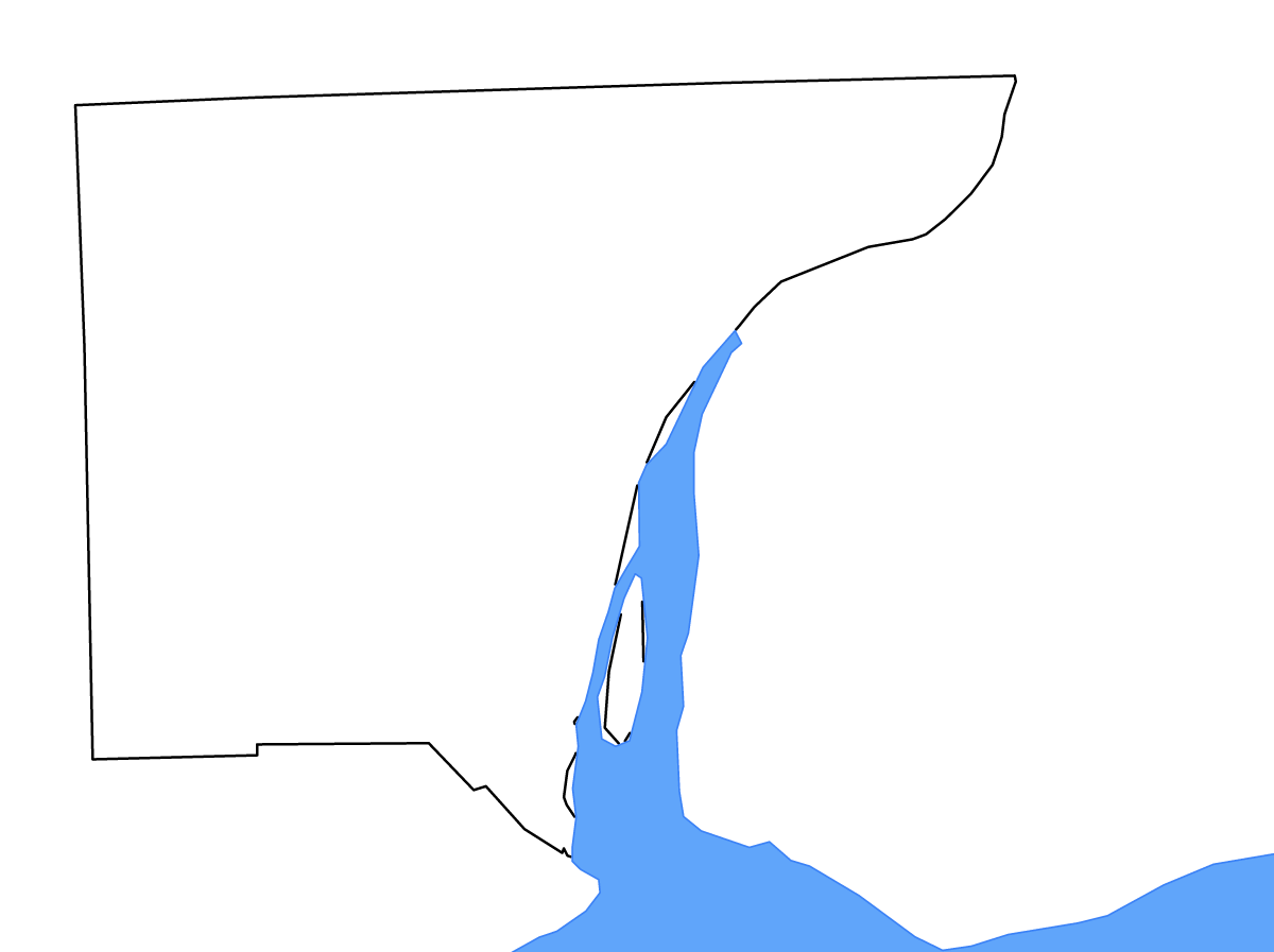 Mapa de contorno de Wayne, Michigan con lagos y ríos.
