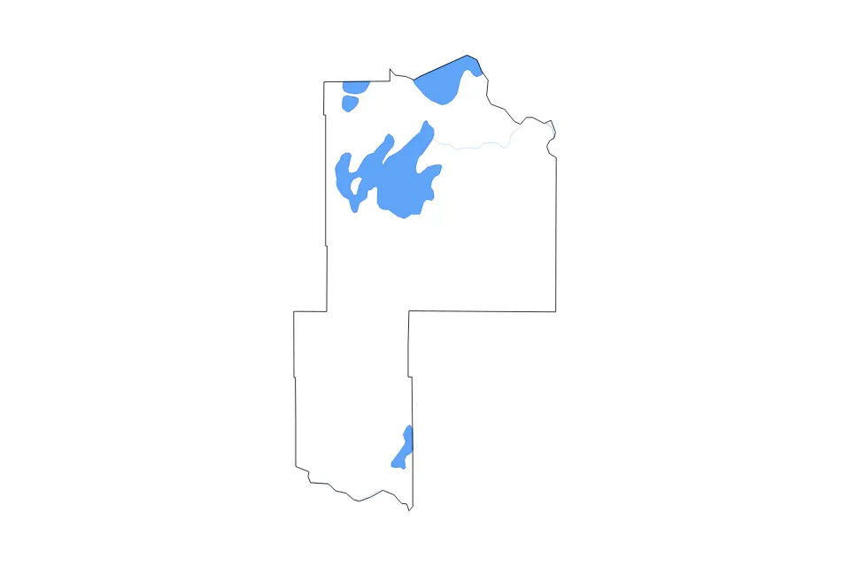 Outline map of Cass County, Minnesota with subdivision borders and major lakes and rivers.