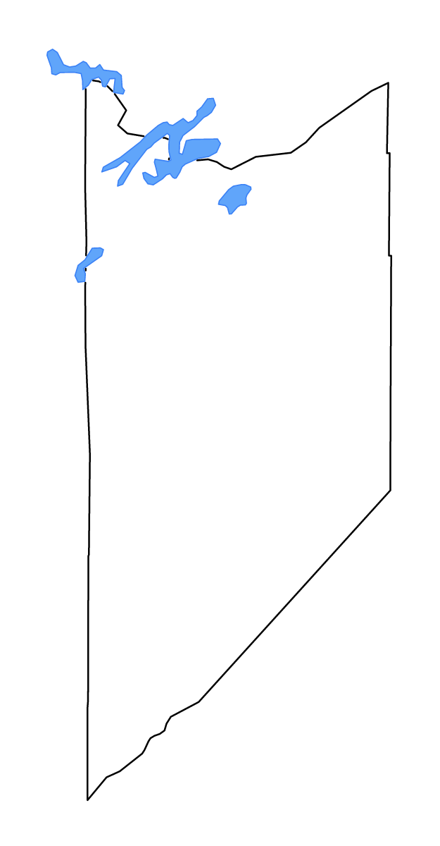 Outline map of Lake County, Minnesota with lakes and rivers.