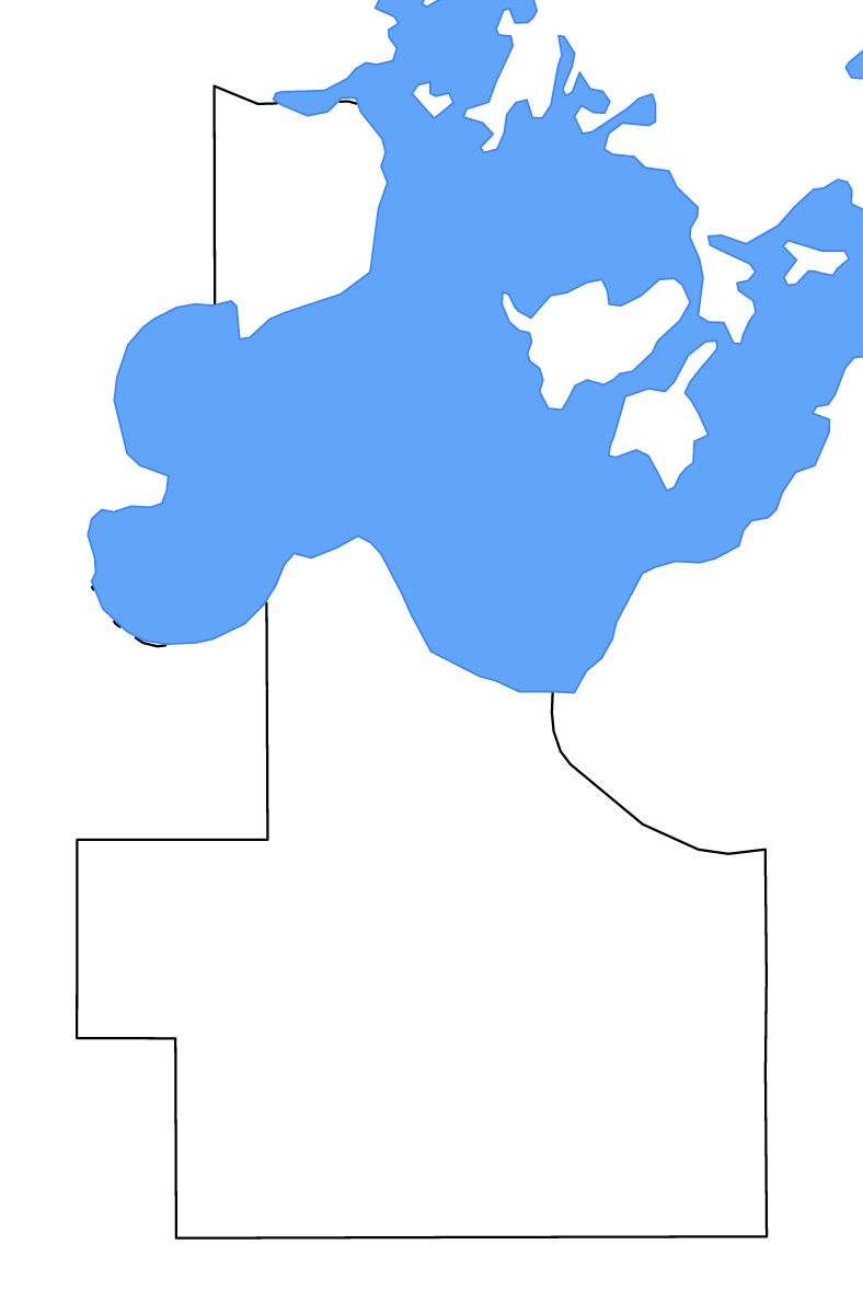 Mapa de contorno de Lake of the Woods, Minnesota con lagos y ríos.