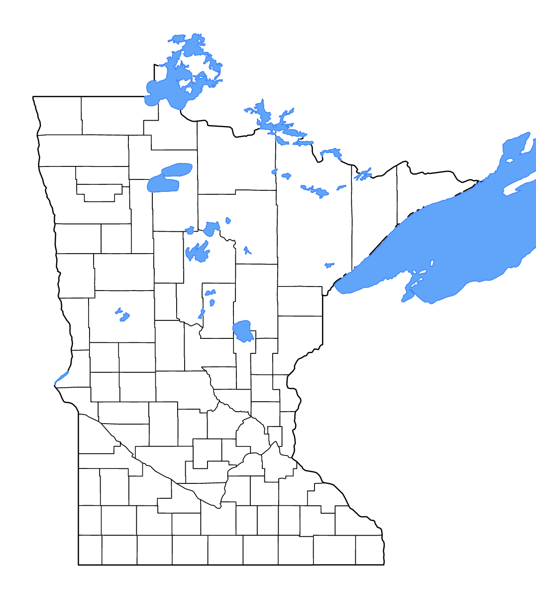 Carte de contour de Minnesota, United States avec limites administratives internes, lacs et rivières.