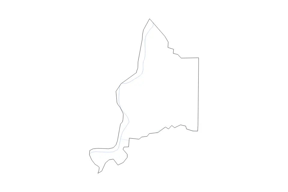 Outline map of Adams County, Mississippi with subdivision borders and rivers.