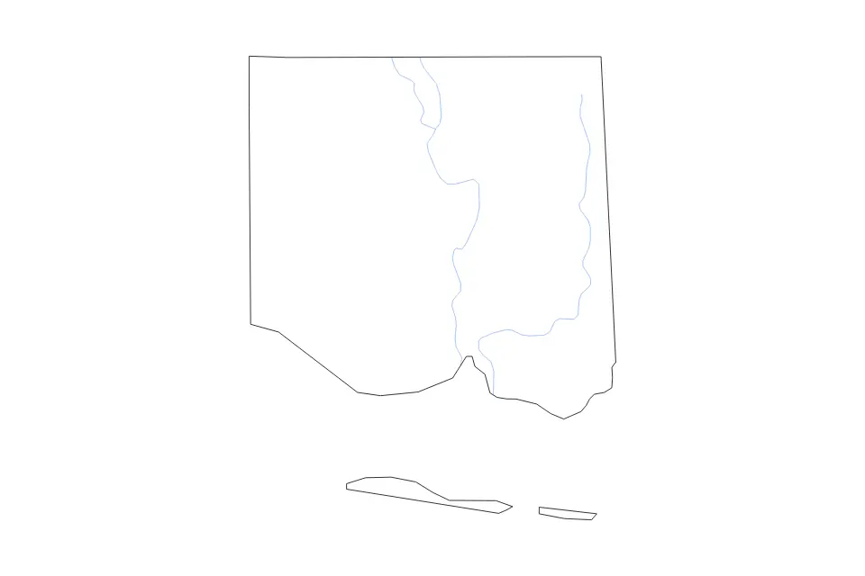 Outline map of Jackson County, Mississippi with subdivision borders and rivers.