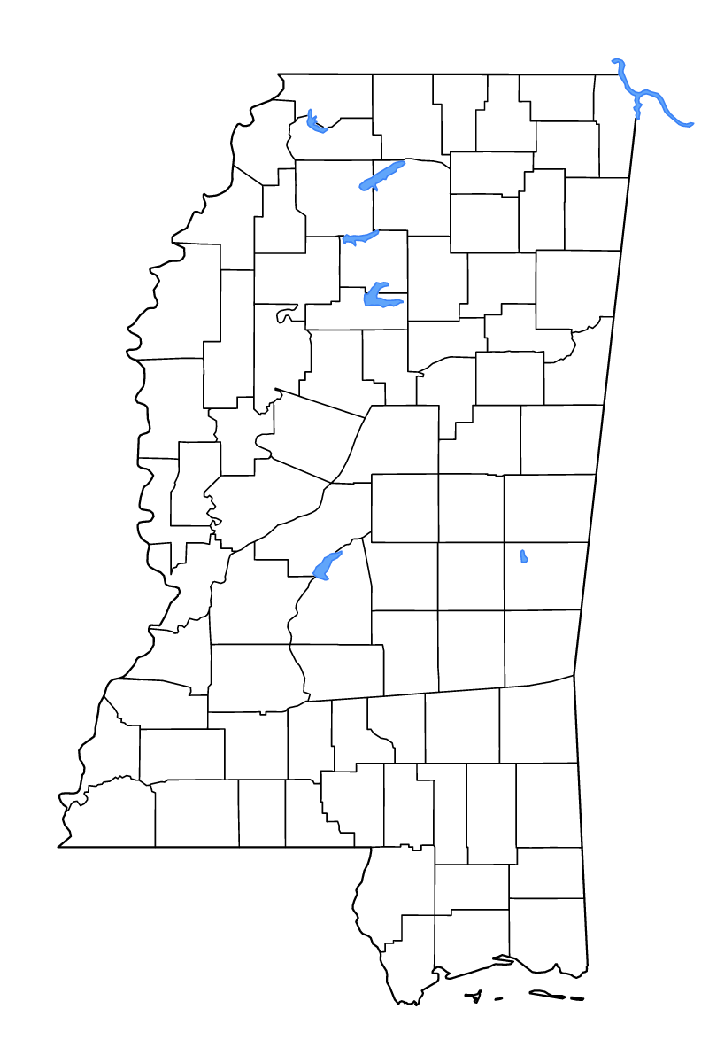 Carte de contour de Mississippi, United States avec limites administratives internes, lacs et rivières.