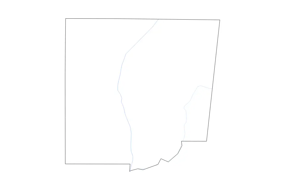 Outline map of Monroe County, Mississippi with subdivision borders and rivers.