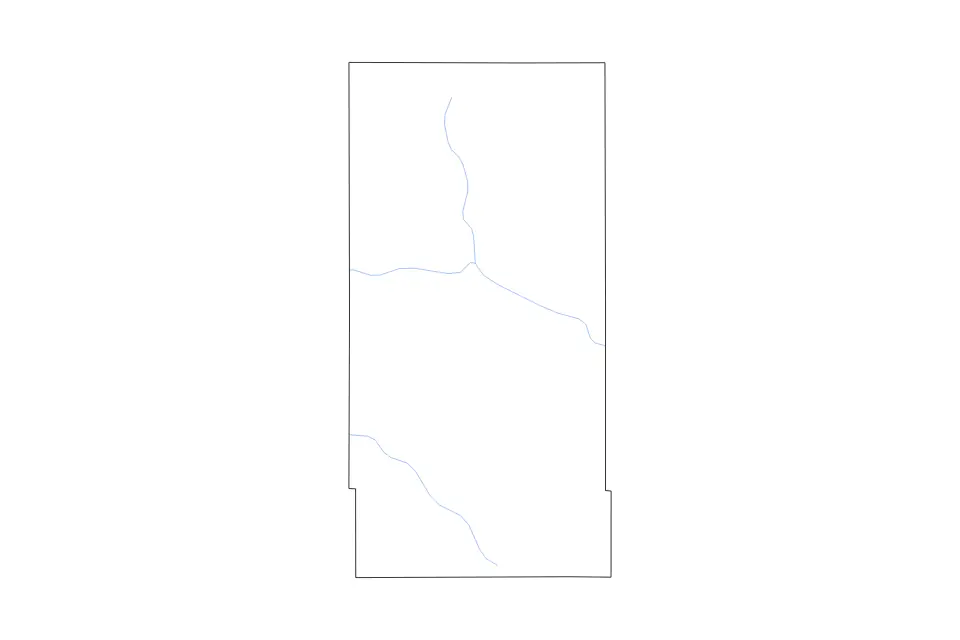Outline map of Perry County, Mississippi with subdivision borders and rivers.