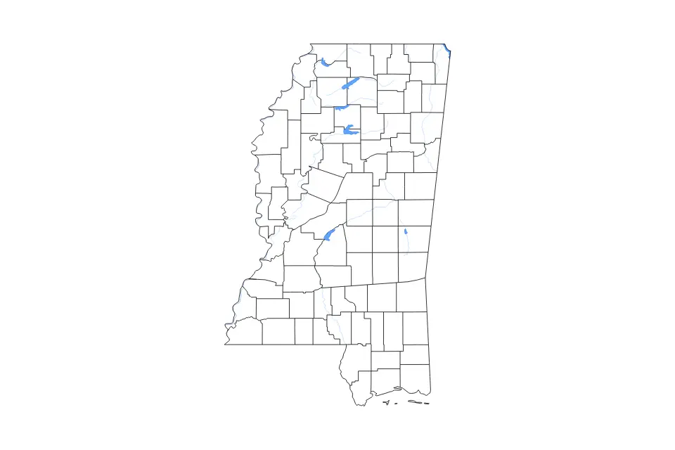 Outline map of Mississippi, United States with subdivision borders and major lakes and rivers.