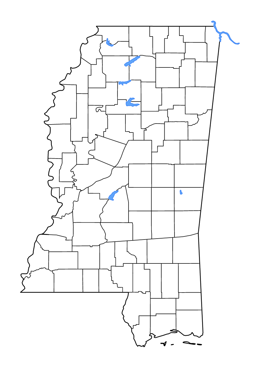 Carte de contour de Mississippi, United States avec limites administratives internes, lacs et rivières.