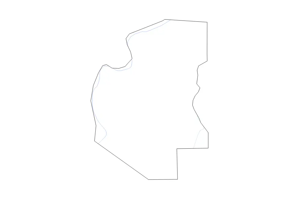 Outline map of Tunica County, Mississippi with subdivision borders and rivers.
