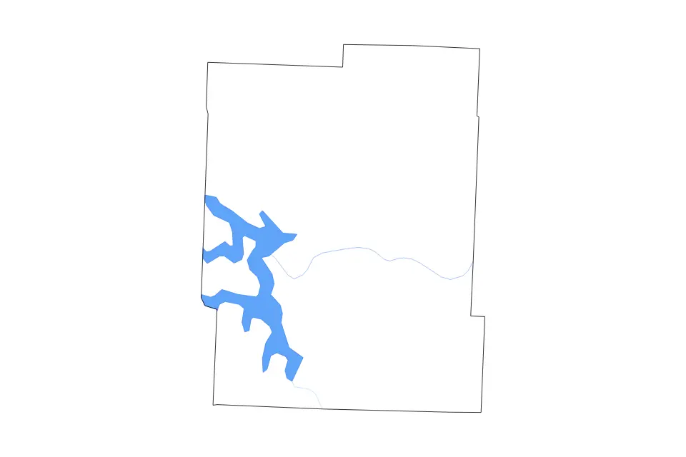 Outline map of Benton County, Missouri with subdivision borders and major lakes and rivers.
