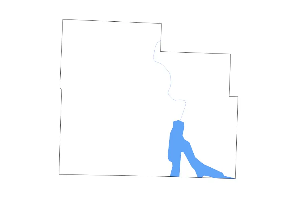 Outline map of Cedar County, Missouri with subdivision borders and major lakes and rivers.